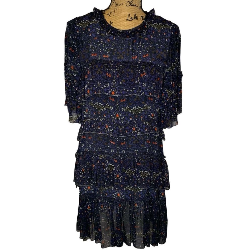 Velvet by Graham and Spencer Tiered Ruffles Flutter Sleeves Navy Floral Dress